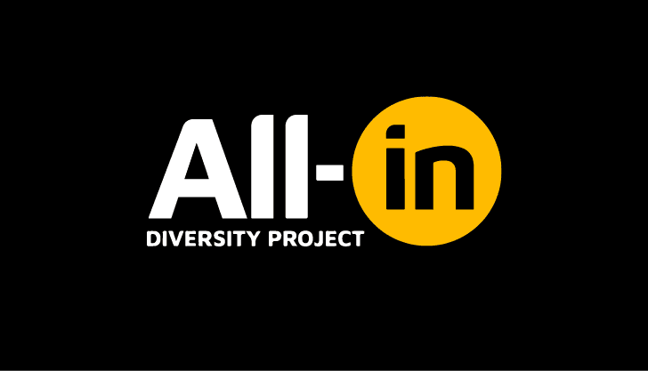 All‑in Diversity Project logo with white "All‑in" text and an orange circle behind "in" on a black background.