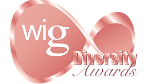 Overlapping pink circular badges with white block letters on the left and glittery script text on the right.