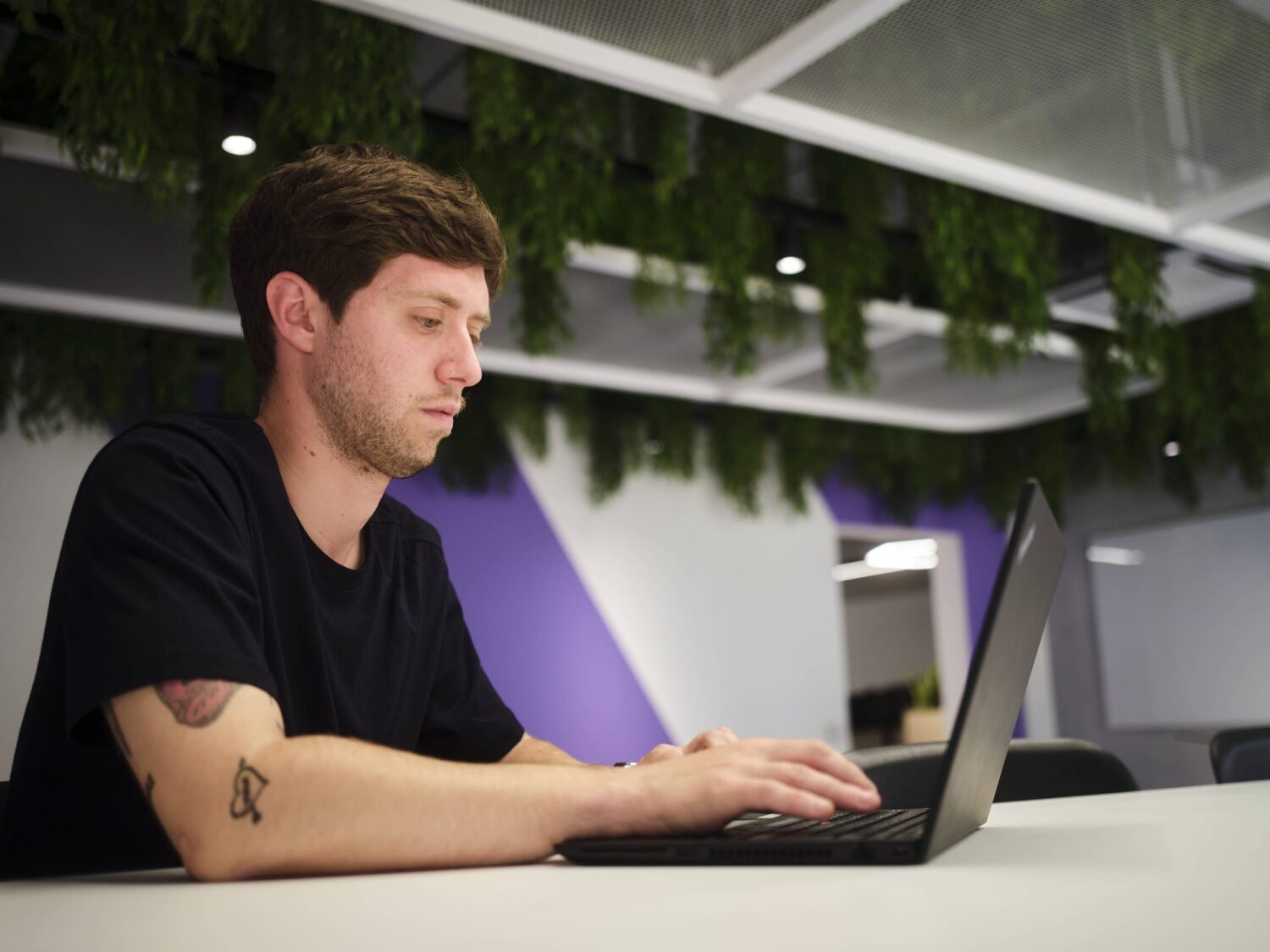 A man in a black shirt sits at a white desk typing on a laptop in a modern office with hanging greenery.
